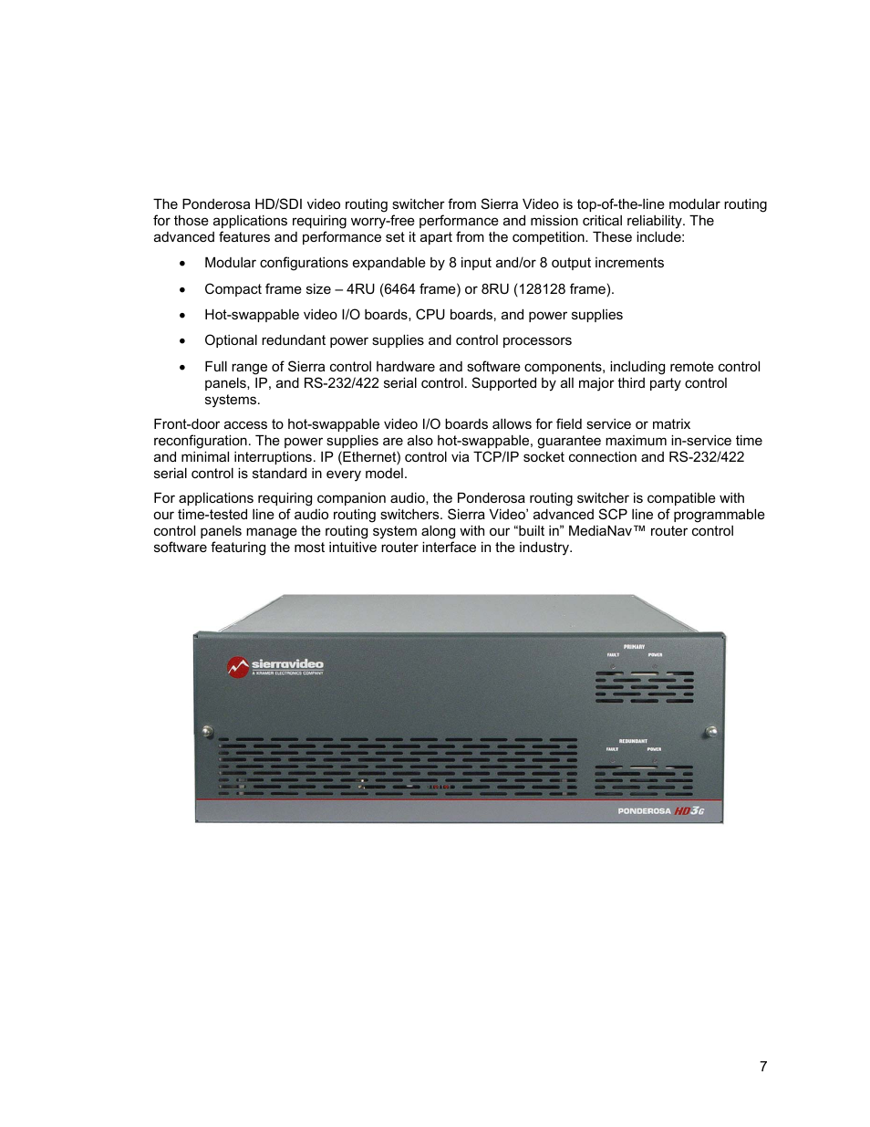 Ponderosa™ series routing switcher, Introduction | Sierra Video Ponderosa 3G Series Routing Switcher Family with MediaNav User Manual | Page 13 / 128