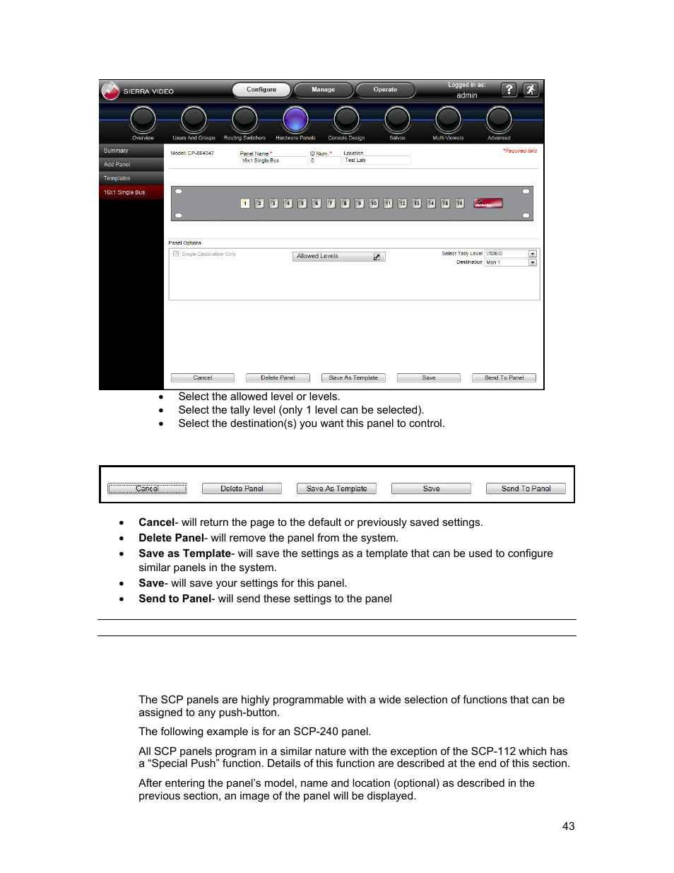 Scp-programmable panels | Sierra Video Ponderosa 3G Series Routing Switcher Family with MediaNav User Manual | Page 49 / 128