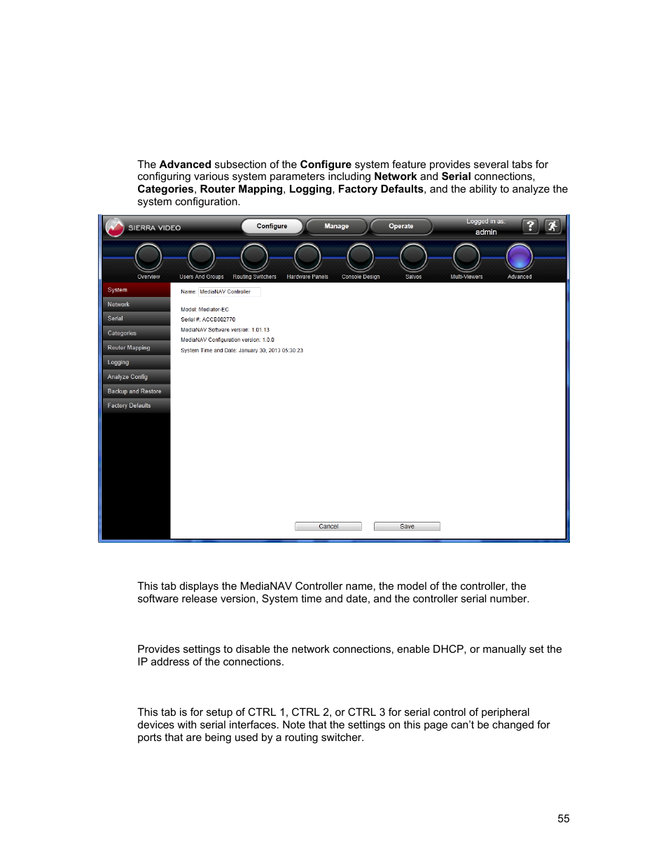 Advanced, System, Network | Serial | Sierra Video Ponderosa 3G Series Routing Switcher Family with MediaNav User Manual | Page 61 / 128