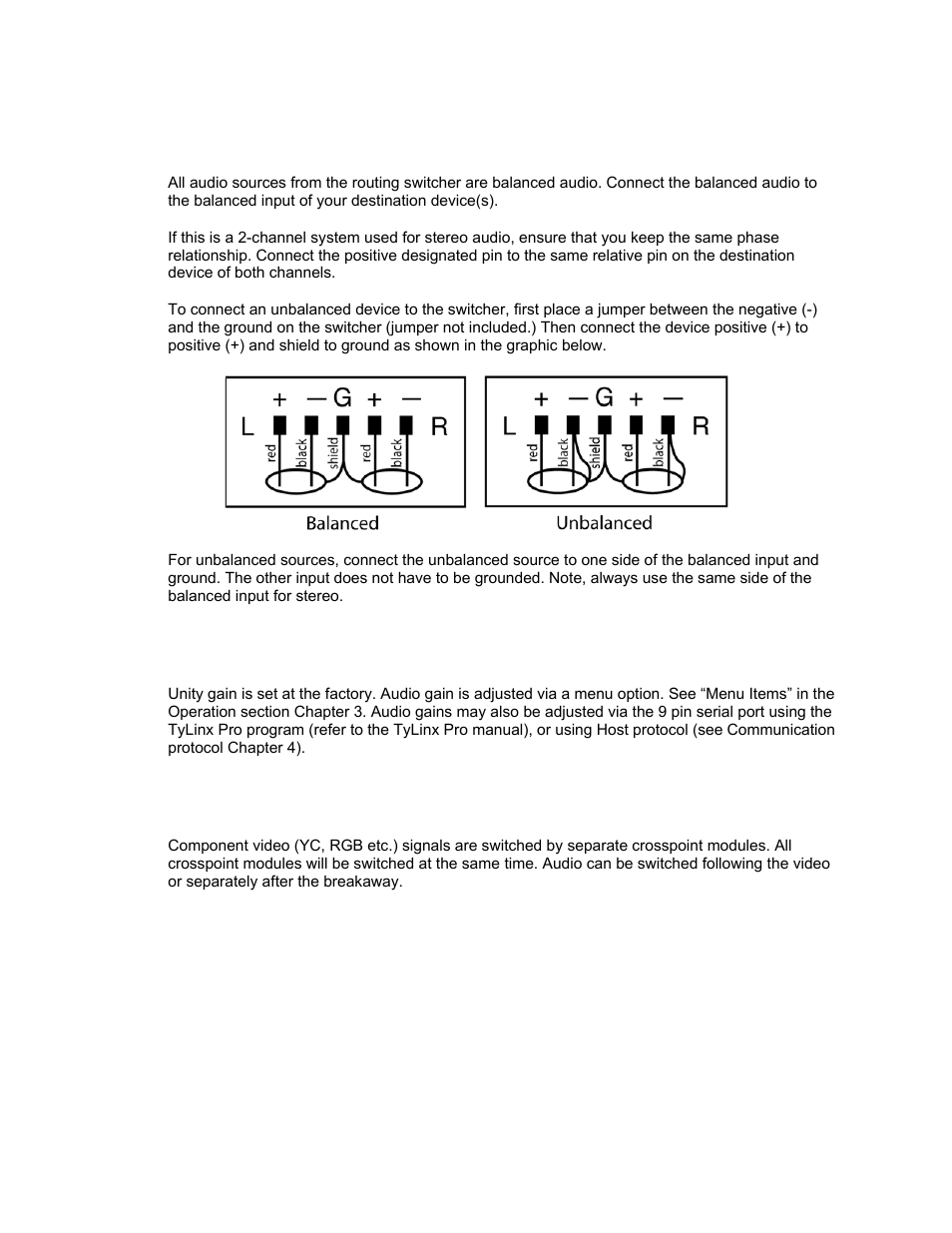Balanced/unbalanced audio connections, Audio adjustments | Sierra Video Pro XL Series 8 User Manual | Page 22 / 72
