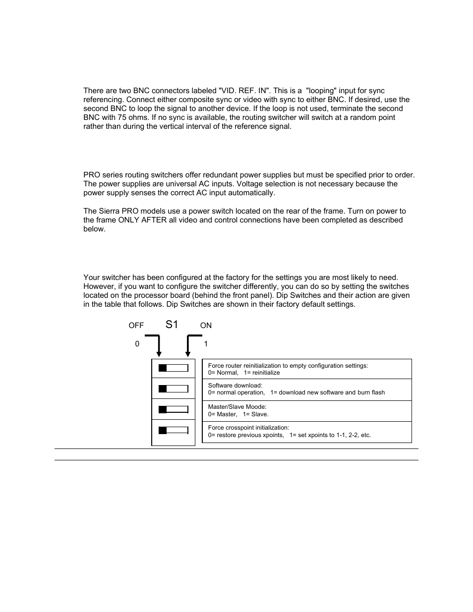 Sync input, Ac power connections, Control processor dip switch settings | Sierra Video Pro XL Series 8 User Manual | Page 24 / 72