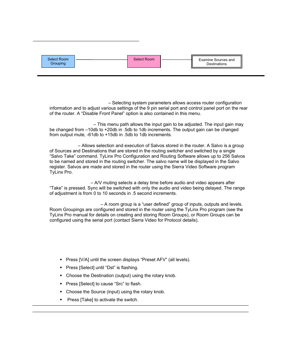 Select room grouping” menu, Switching the router | Sierra Video Pro XL Series 8 User Manual | Page 35 / 72