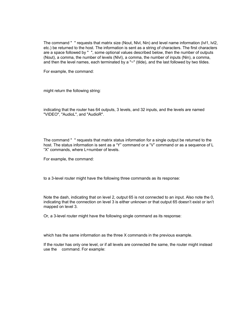 L”: matrix size and level names inquiry, O”: output status inquiry | Sierra Video Pro XL Series 8 User Manual | Page 44 / 72