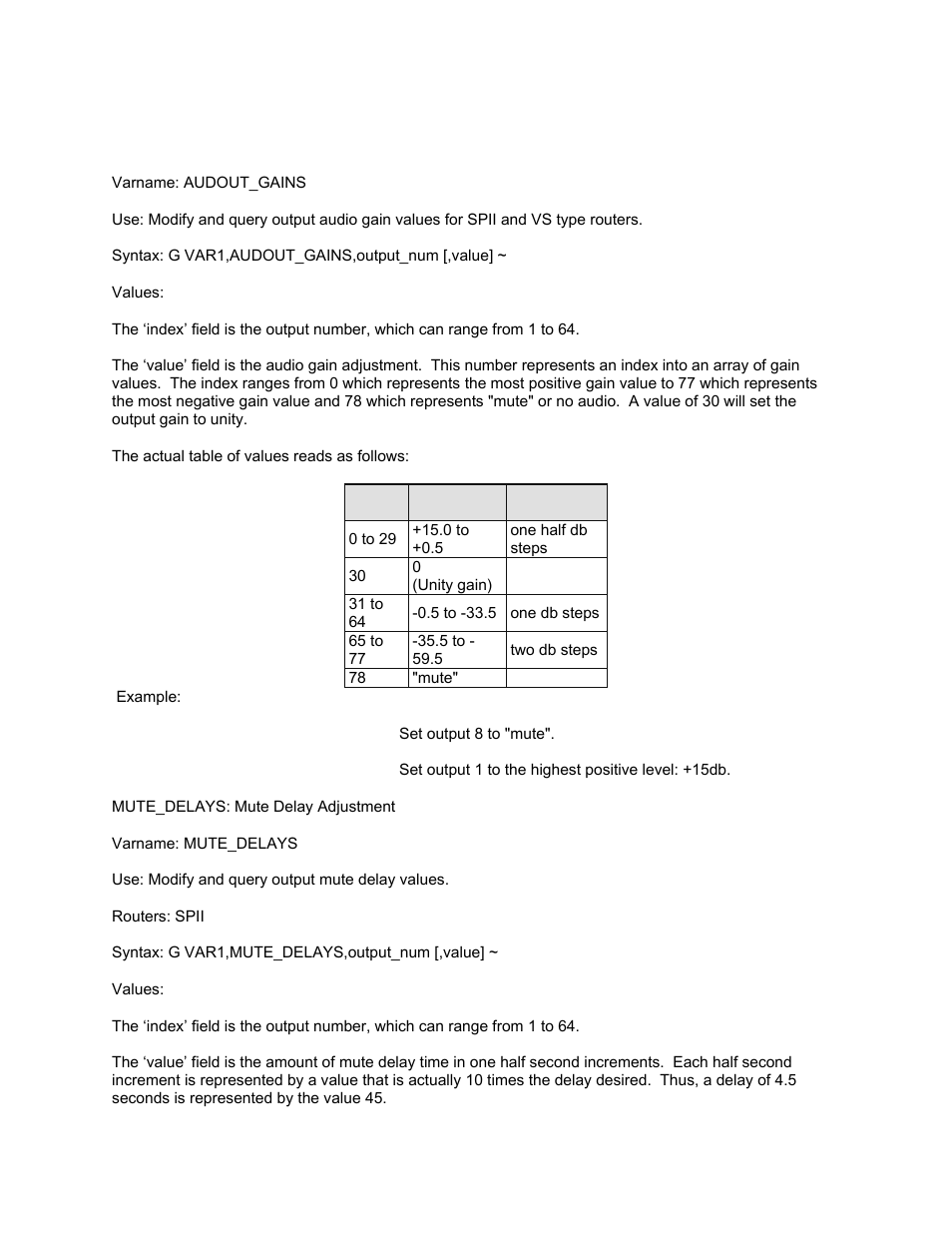 Audout_gains: audio output gain adjustment | Sierra Video Pro XL Series 8 User Manual | Page 62 / 72