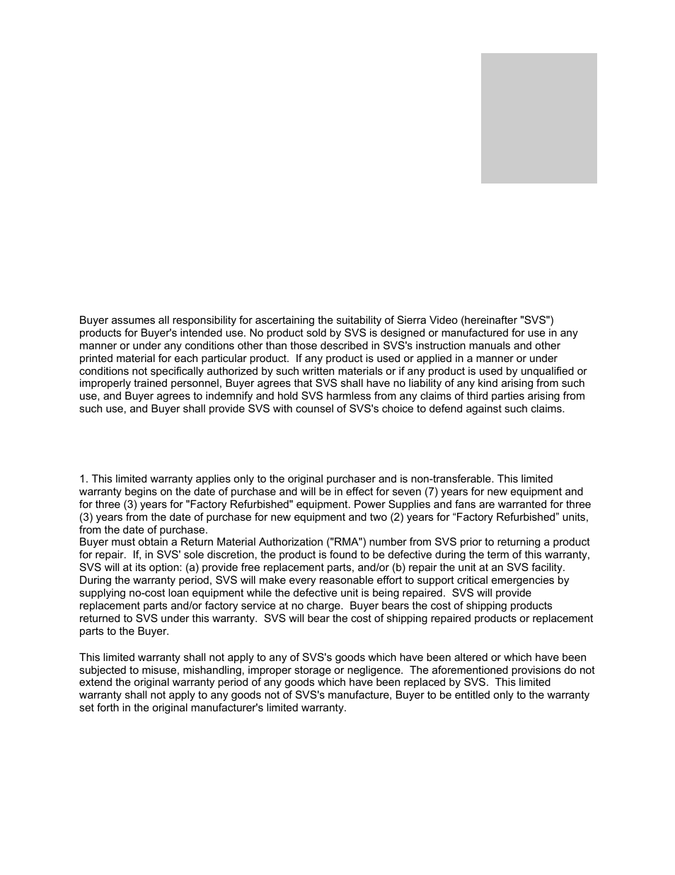 Warranty | Sierra Video Pro XL Series 8 User Manual | Page 71 / 72