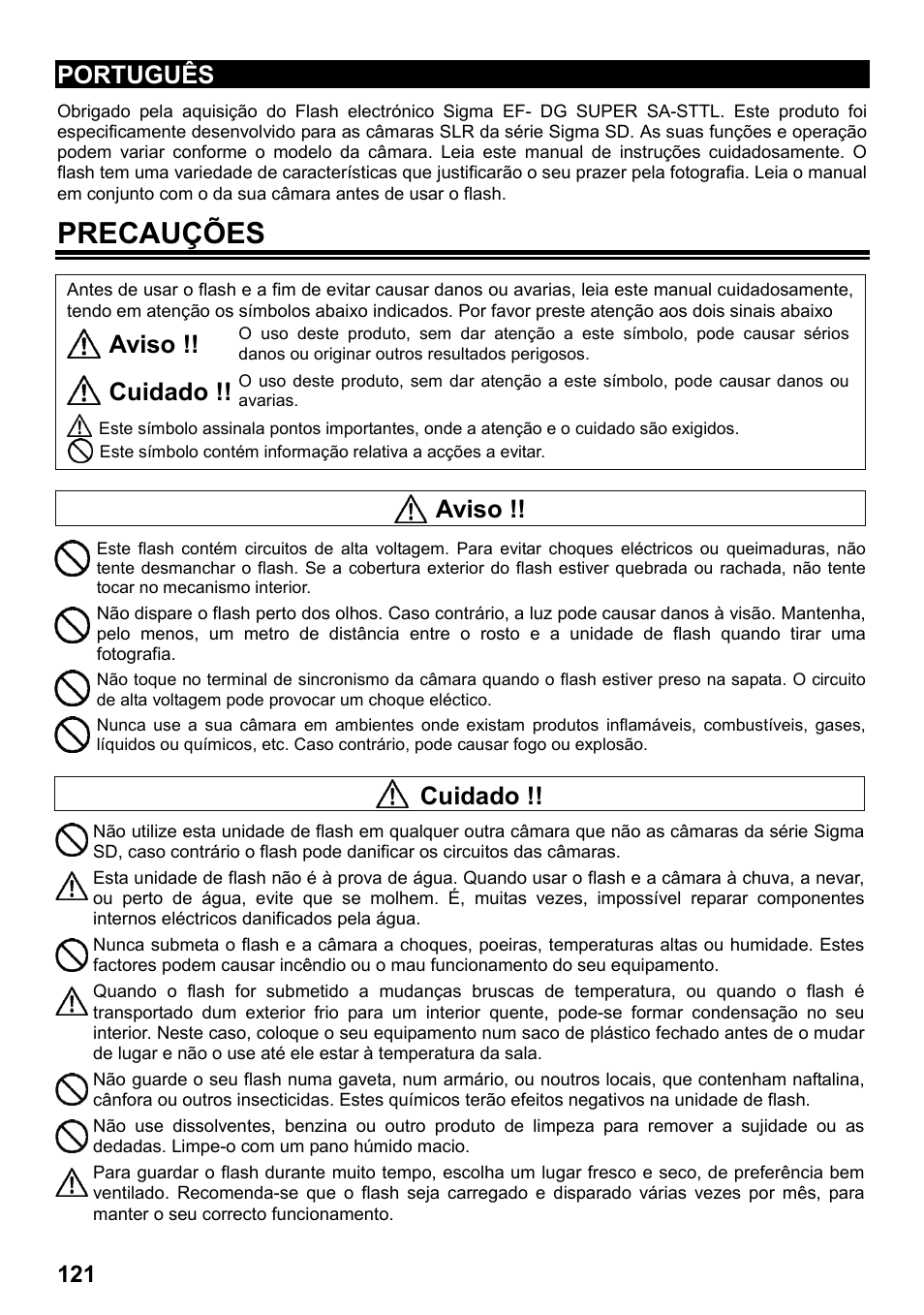 Precauções, Português, Aviso | Cuidado | SIGMA ELECTRONIC FLASH EF-610 DG SUPER SA-STTL (シグマ用) User Manual | Page 122 / 136