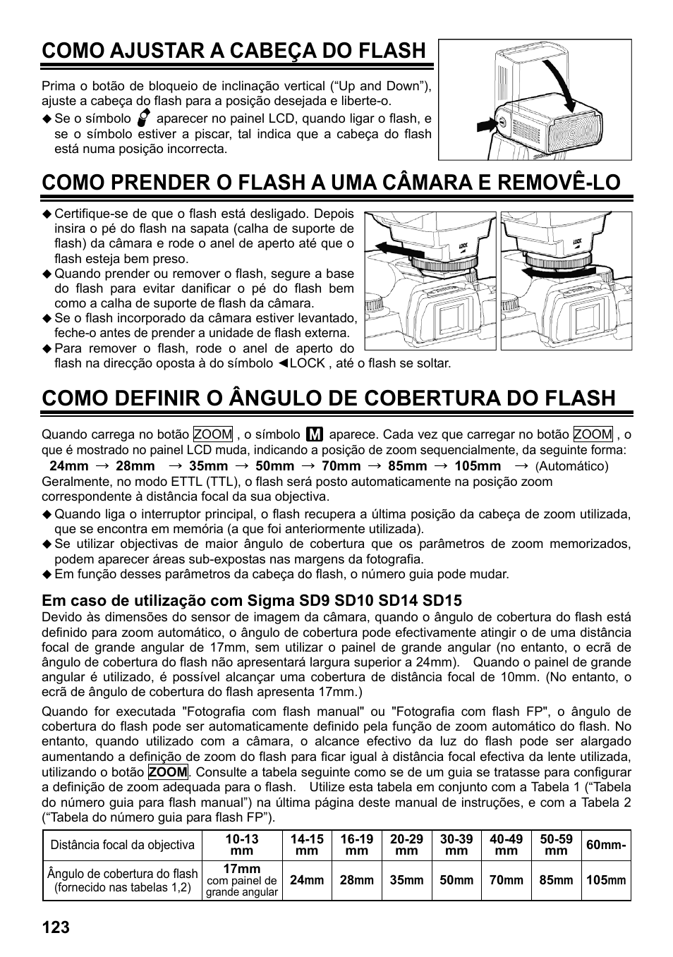 Como ajustar a cabeça do flash, Como prender o flash a uma câmara e removê-lo, Como definir o ângulo de cobertura do flash | SIGMA ELECTRONIC FLASH EF-610 DG SUPER SA-STTL (シグマ用) User Manual | Page 124 / 136