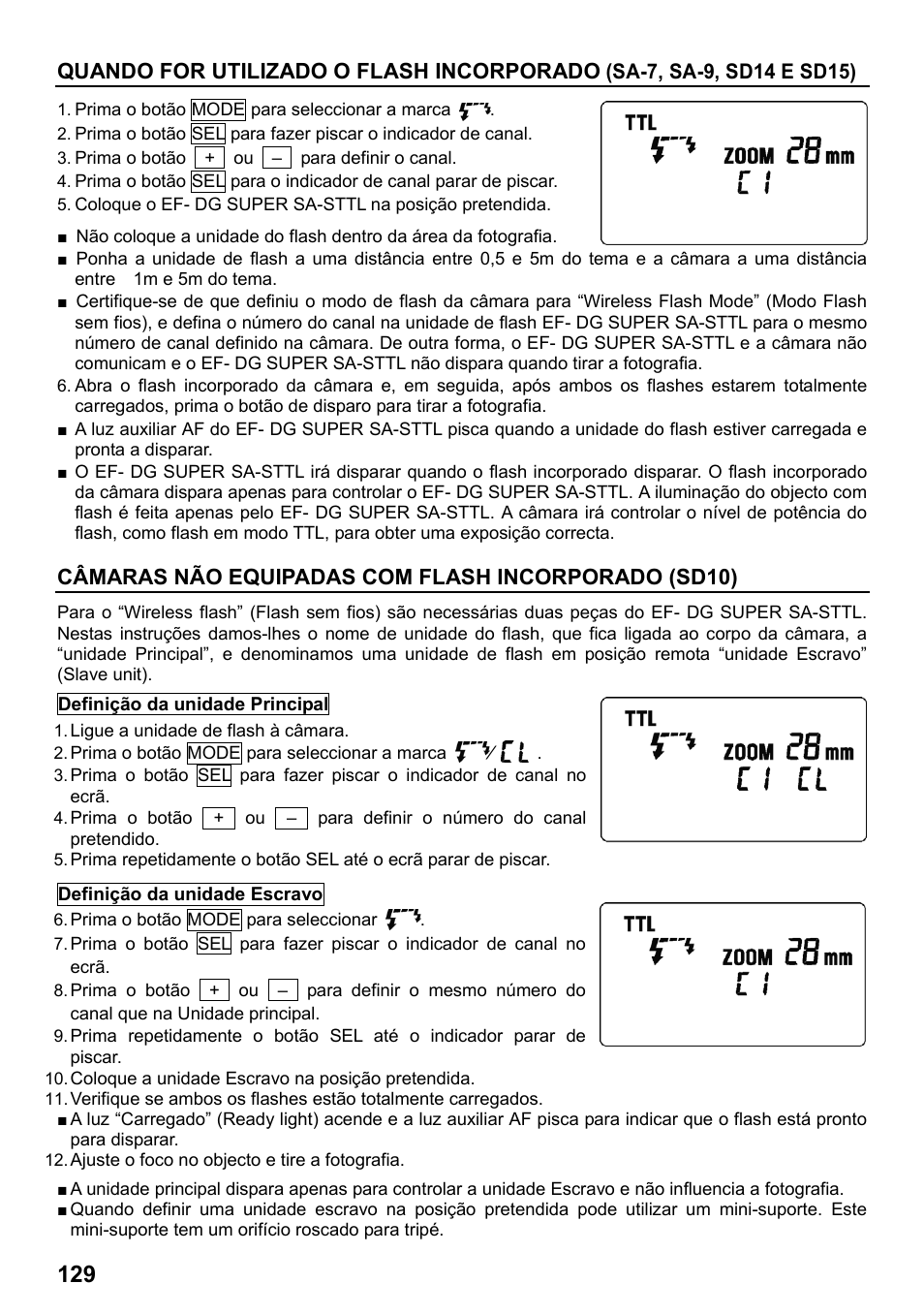 Quando for utilizado o flash incorporado, Câmaras não equipadas com flash incorporado (sd10) | SIGMA ELECTRONIC FLASH EF-610 DG SUPER SA-STTL (シグマ用) User Manual | Page 130 / 136