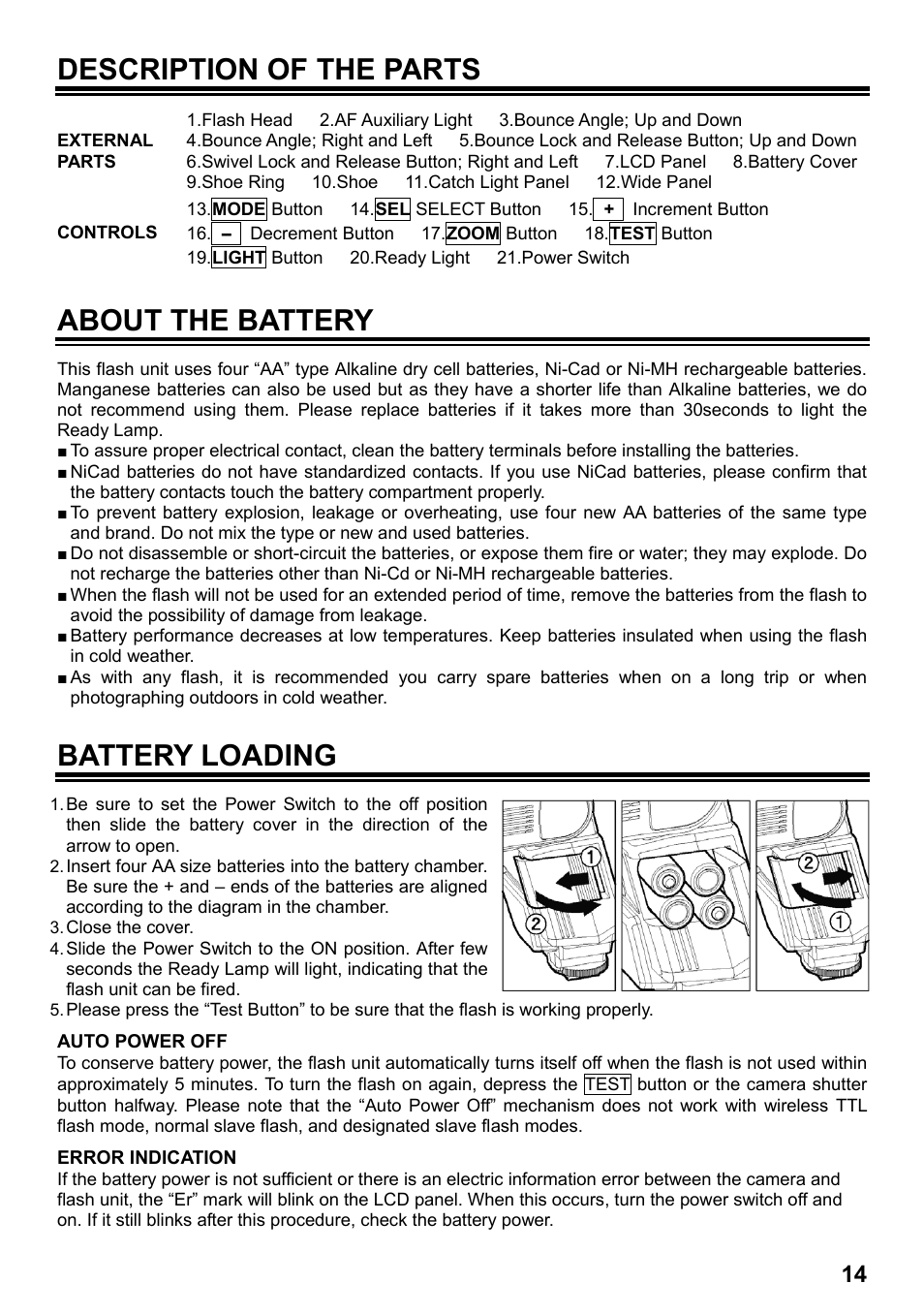 Description of the parts, About the battery, Battery loading | SIGMA ELECTRONIC FLASH EF-610 DG SUPER SA-STTL (シグマ用) User Manual | Page 15 / 136