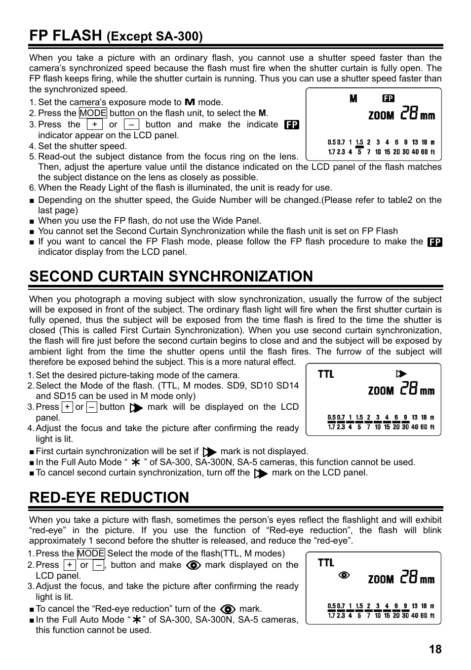 Fp flash, Second curtain synchronization, Red-eye reduction | Except sa-300) | SIGMA ELECTRONIC FLASH EF-610 DG SUPER SA-STTL (シグマ用) User Manual | Page 19 / 136
