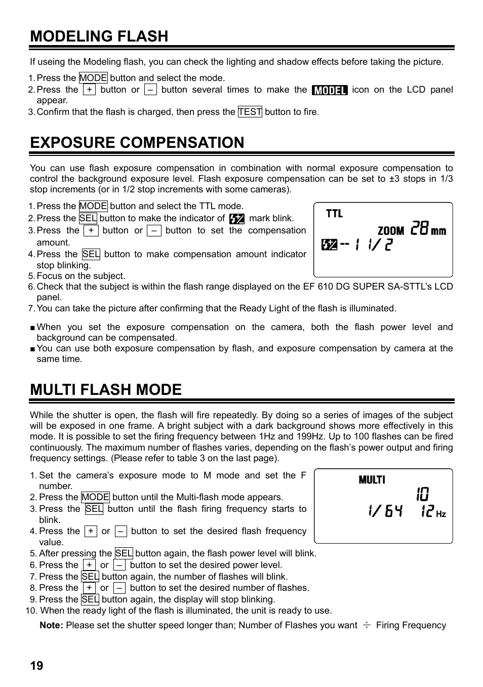 Modeling flash, Exposure compensation, Multi flash mode | SIGMA ELECTRONIC FLASH EF-610 DG SUPER SA-STTL (シグマ用) User Manual | Page 20 / 136