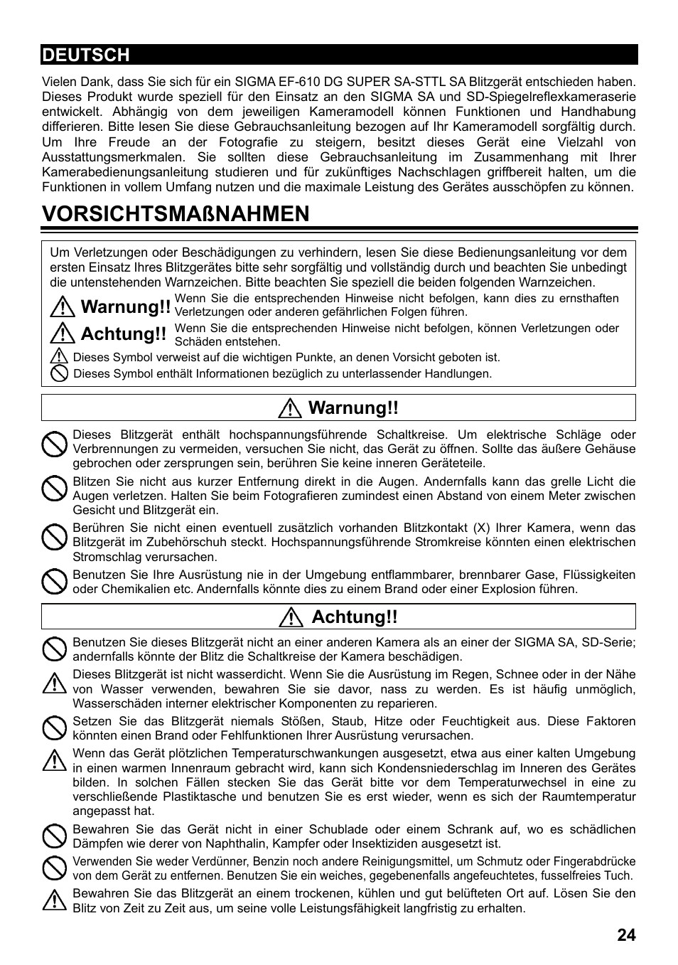 Vorsichtsmaßnahmen, Deutsch, Warnung | Achtung | SIGMA ELECTRONIC FLASH EF-610 DG SUPER SA-STTL (シグマ用) User Manual | Page 25 / 136