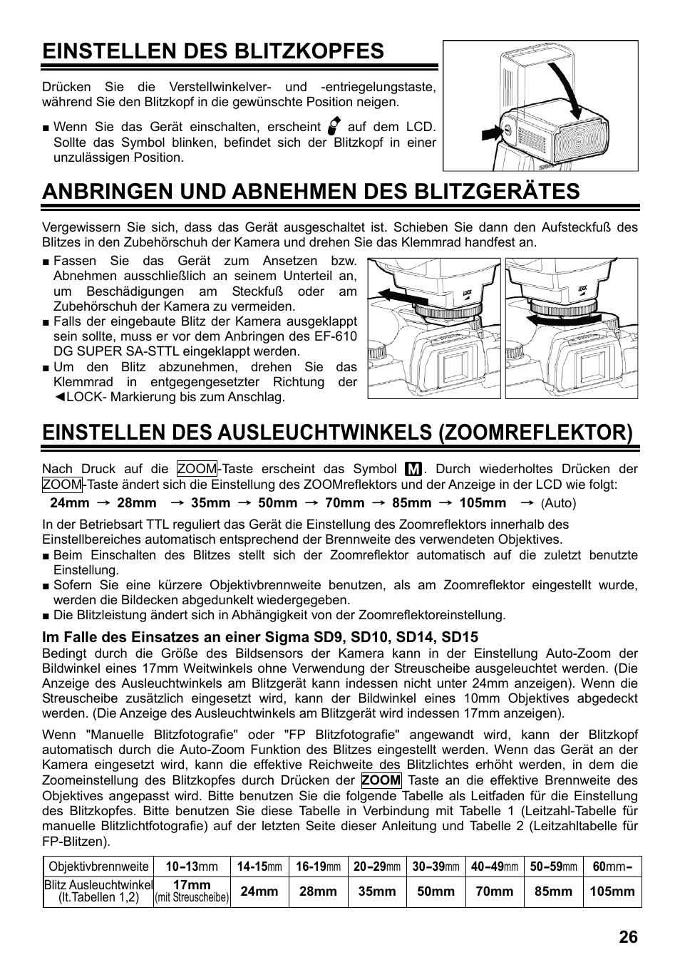 Einstellen des blitzkopfes, Anbringen und abnehmen des blitzgerätes, Einstellen des ausleuchtwinkels (zoomreflektor) | SIGMA ELECTRONIC FLASH EF-610 DG SUPER SA-STTL (シグマ用) User Manual | Page 27 / 136