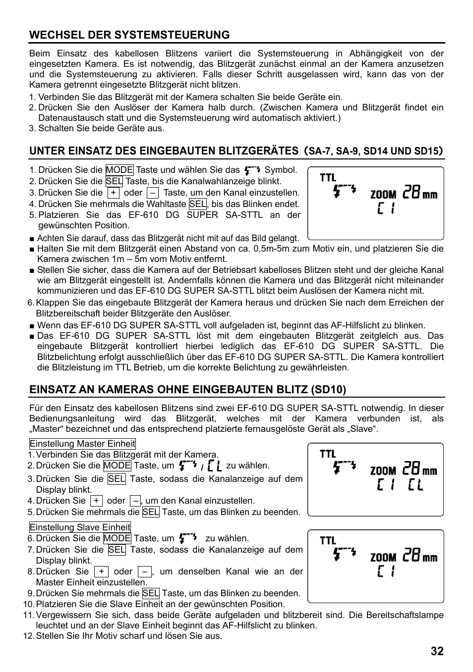 Wechsel der systemsteuerung, Unter einsatz des eingebauten blitzgerätes, Einsatz an kameras ohne eingebauten blitz (sd10) | SIGMA ELECTRONIC FLASH EF-610 DG SUPER SA-STTL (シグマ用) User Manual | Page 33 / 136