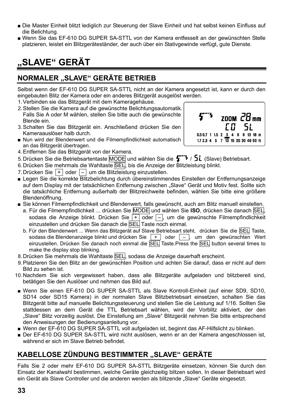 Slave“ gerät, Normaler „slave“ geräte betrieb, Kabellose zündung bestimmter „slave“ geräte | SIGMA ELECTRONIC FLASH EF-610 DG SUPER SA-STTL (シグマ用) User Manual | Page 34 / 136