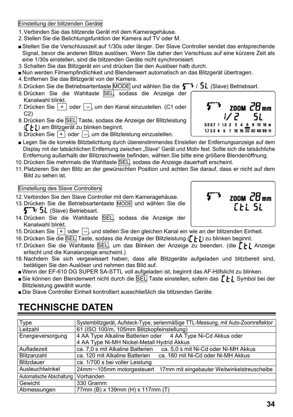 Technische daten | SIGMA ELECTRONIC FLASH EF-610 DG SUPER SA-STTL (シグマ用) User Manual | Page 35 / 136