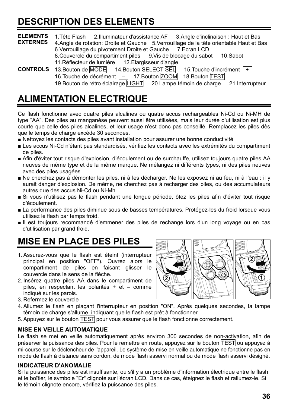 Description des elements, Alimentation electrique, Mise en place des piles | SIGMA ELECTRONIC FLASH EF-610 DG SUPER SA-STTL (シグマ用) User Manual | Page 37 / 136