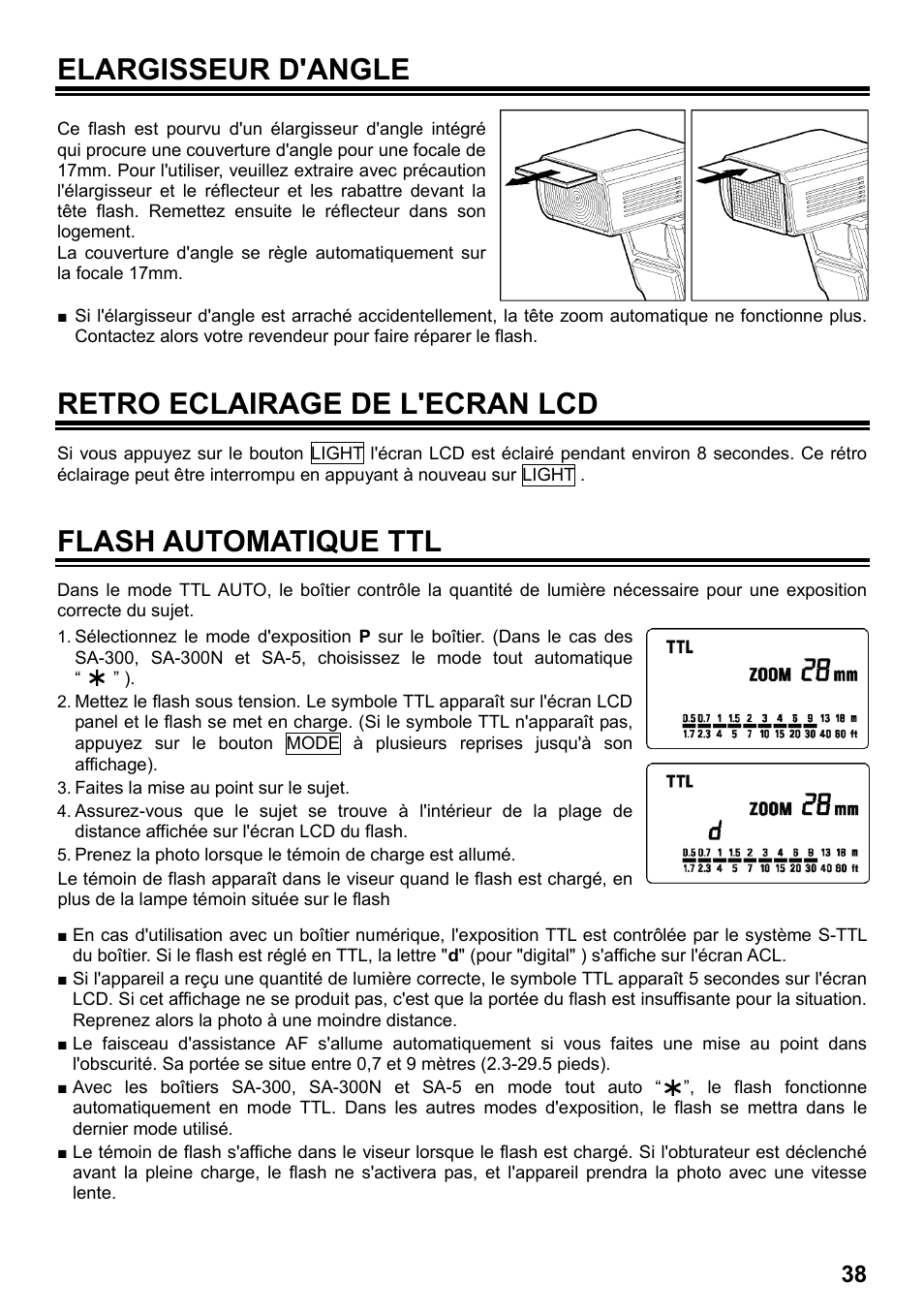 Elargisseur d'angle, Retro eclairage de l'ecran lcd, Flash automatique ttl | SIGMA ELECTRONIC FLASH EF-610 DG SUPER SA-STTL (シグマ用) User Manual | Page 39 / 136