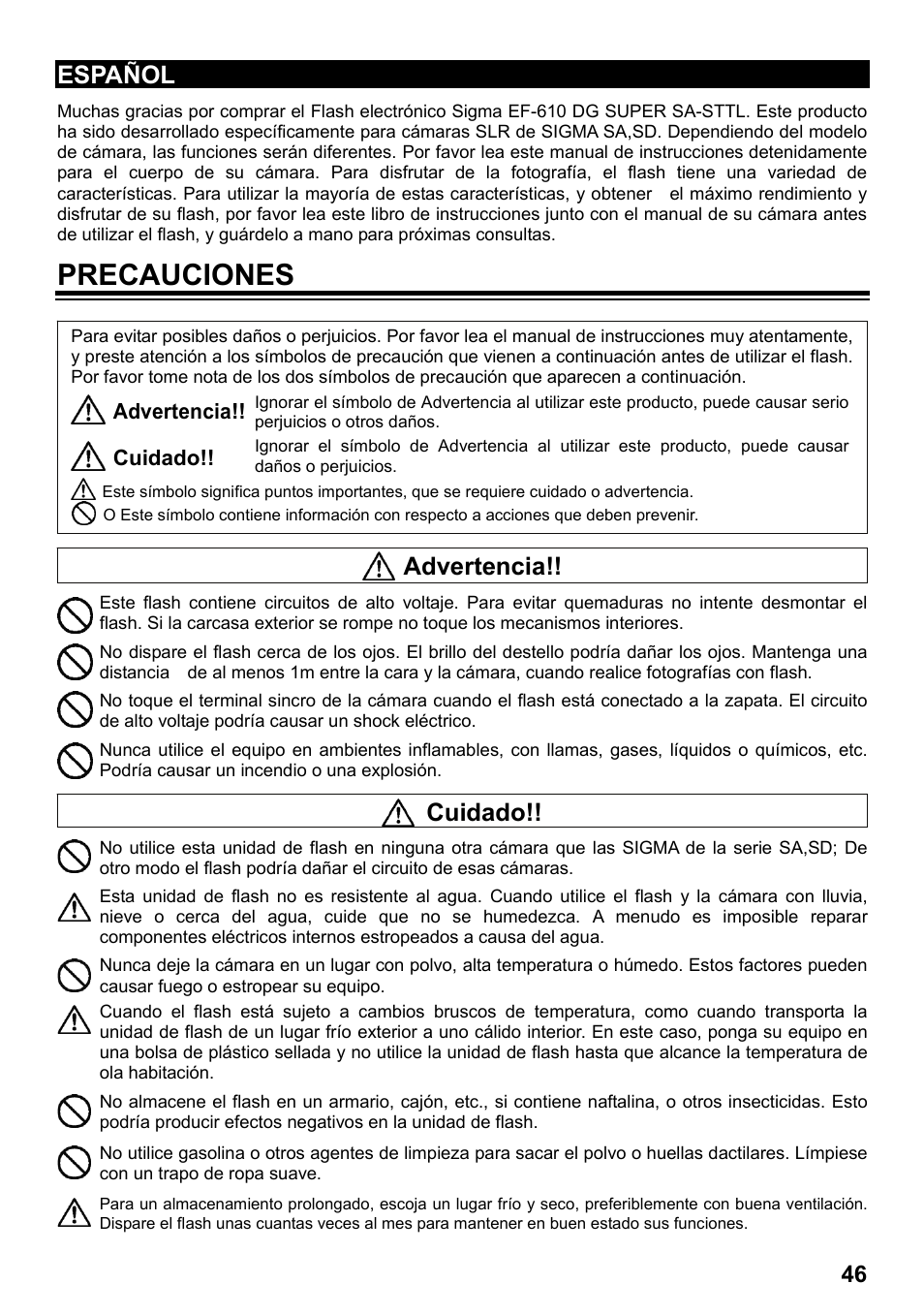 Precauciones, Español, Advertencia | Cuidado | SIGMA ELECTRONIC FLASH EF-610 DG SUPER SA-STTL (シグマ用) User Manual | Page 47 / 136