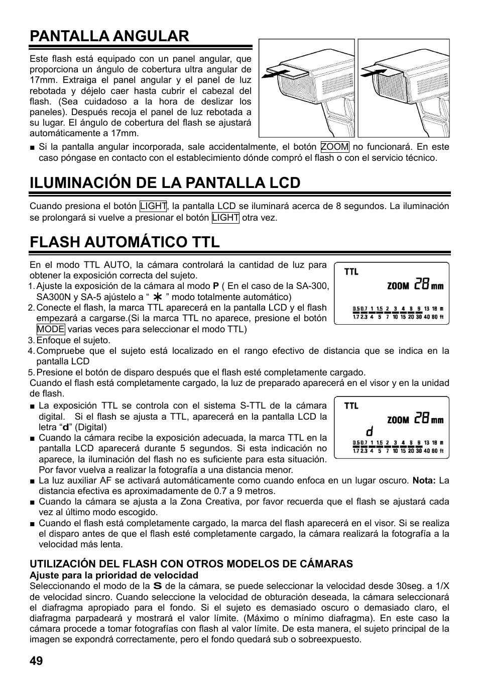 Pantalla angular, Iluminación de la pantalla lcd, Flash automático ttl | SIGMA ELECTRONIC FLASH EF-610 DG SUPER SA-STTL (シグマ用) User Manual | Page 50 / 136