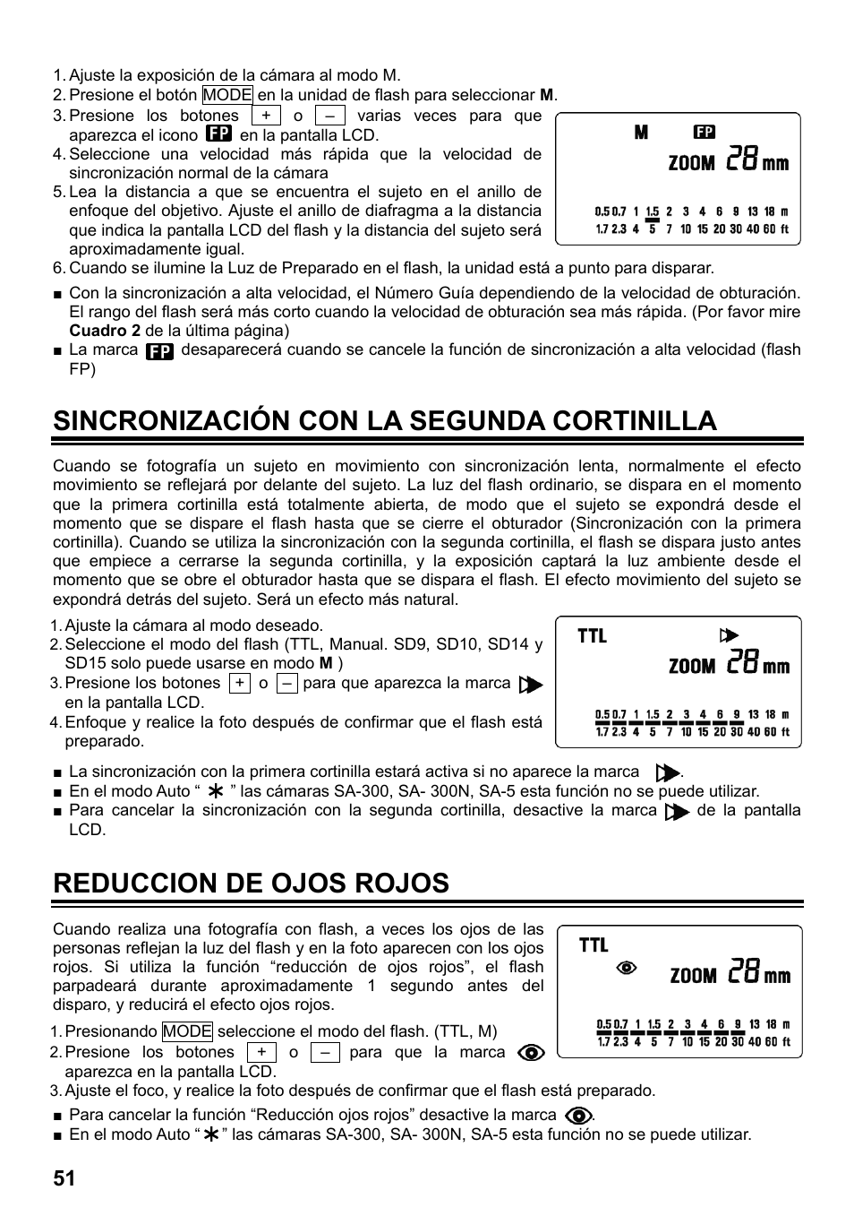 Sincronización con la segunda cortinilla, Reduccion de ojos rojos | SIGMA ELECTRONIC FLASH EF-610 DG SUPER SA-STTL (シグマ用) User Manual | Page 52 / 136