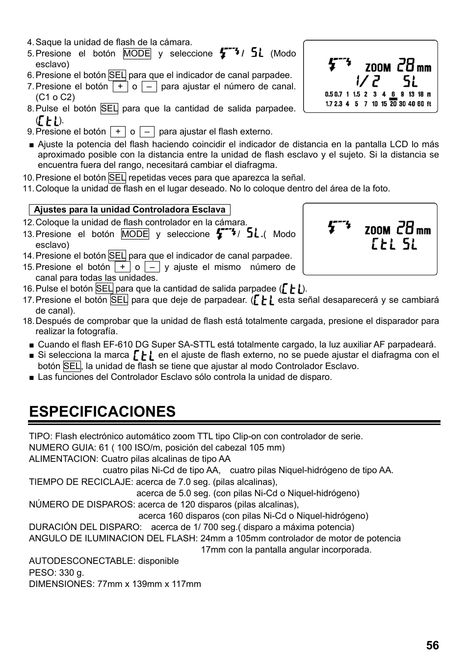 Especificaciones | SIGMA ELECTRONIC FLASH EF-610 DG SUPER SA-STTL (シグマ用) User Manual | Page 57 / 136