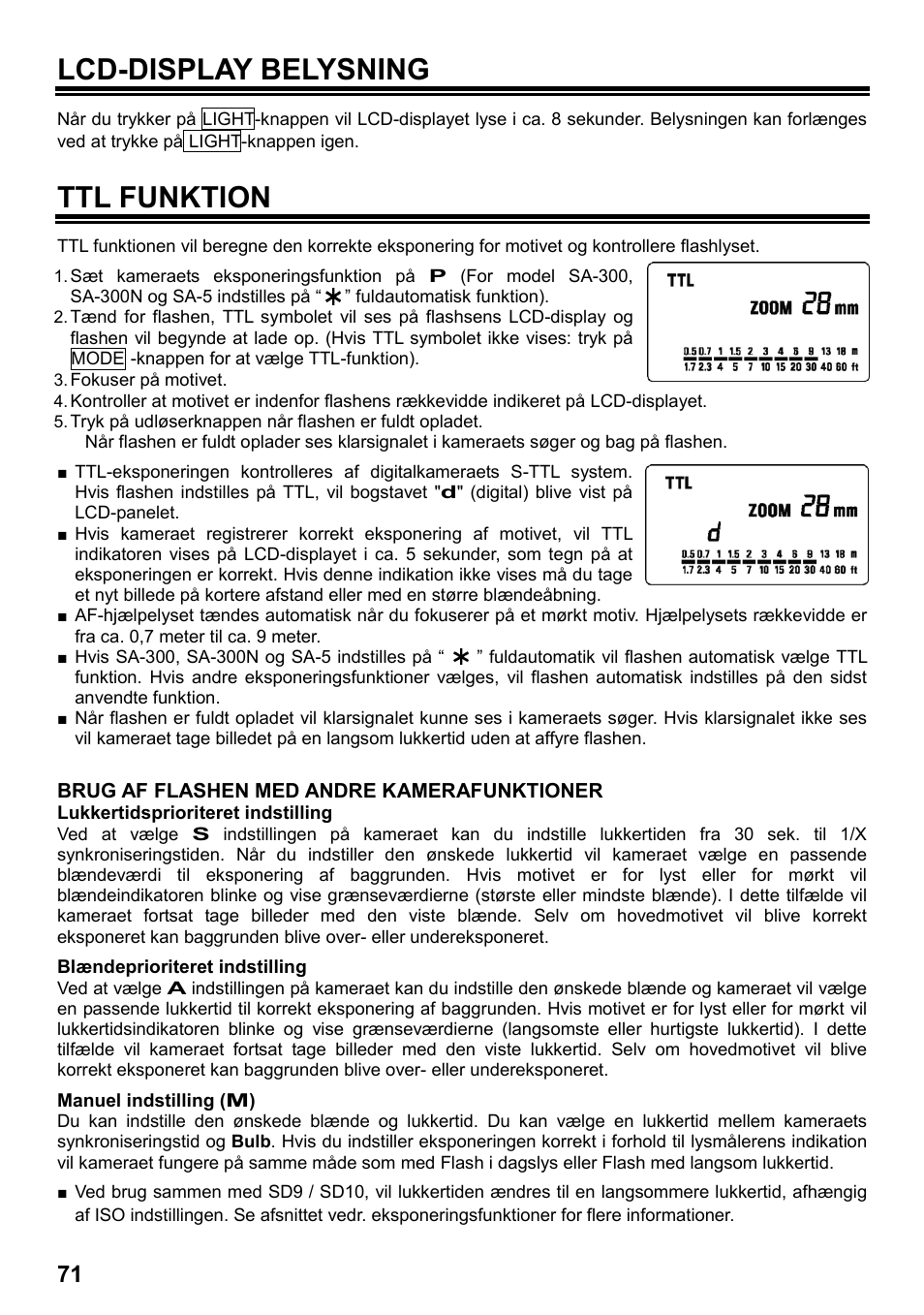 Lcd-display belysning, Ttl funktion | SIGMA ELECTRONIC FLASH EF-610 DG SUPER SA-STTL (シグマ用) User Manual | Page 72 / 136