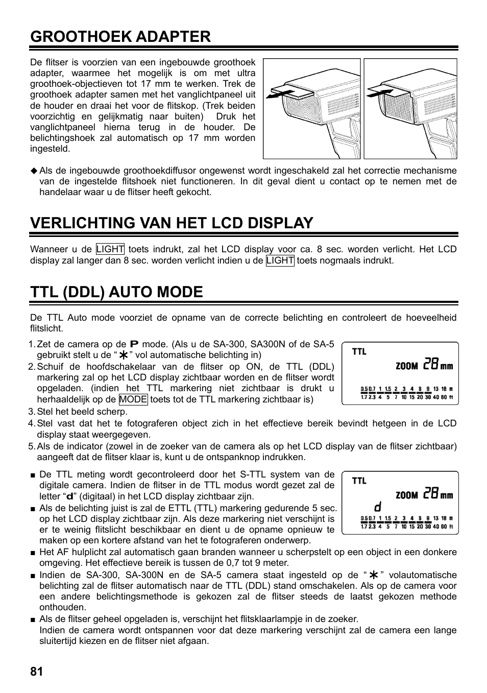 Groothoek adapter, Verlichting van het lcd display, Ttl (ddl) auto mode | SIGMA ELECTRONIC FLASH EF-610 DG SUPER SA-STTL (シグマ用) User Manual | Page 82 / 136