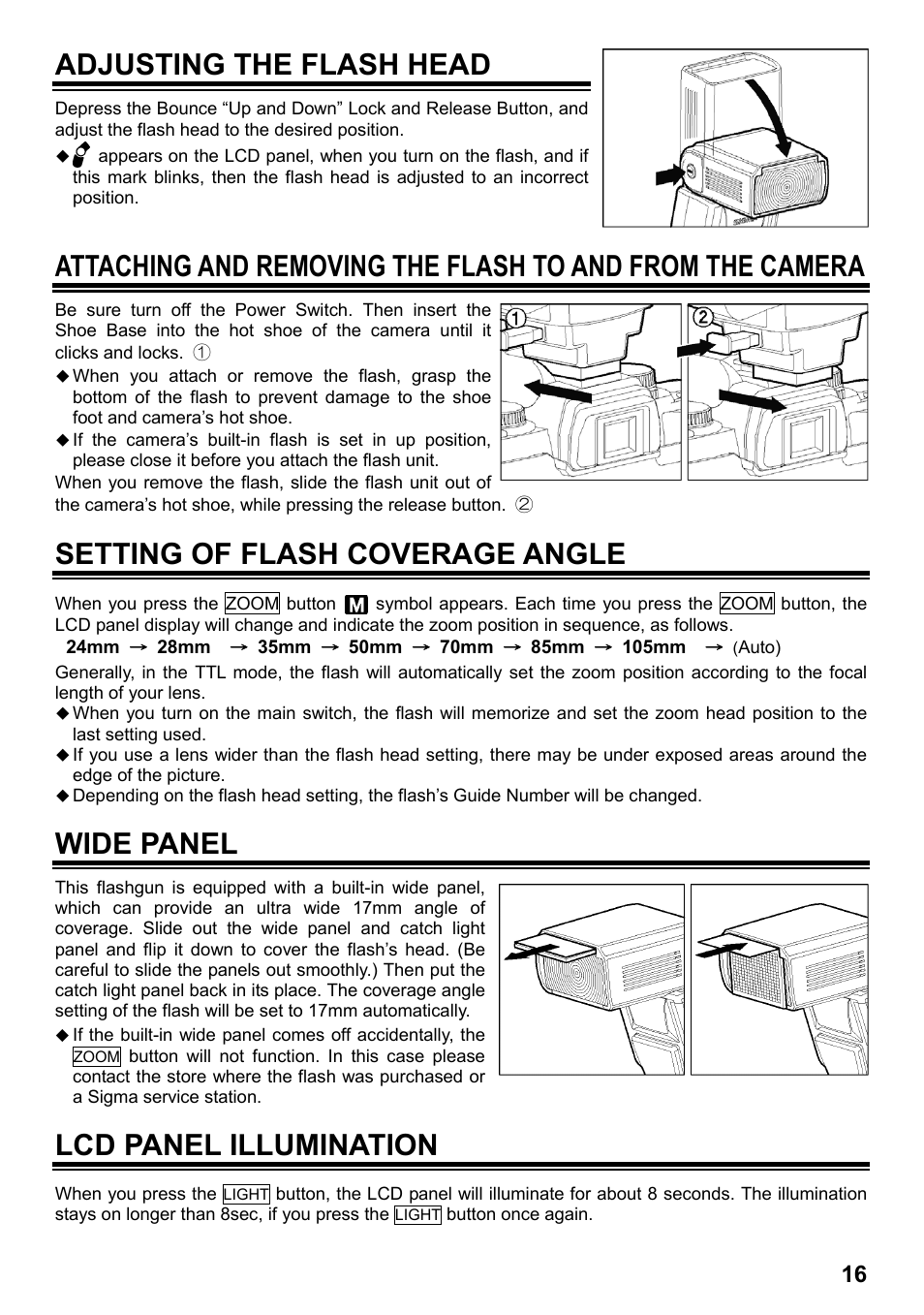 Adjusting the flash head, Setting of flash coverage angle, Wide panel | Lcd panel illumination | SIGMA ELECTRONIC FLASH EF-610 DG SUPER SO-ADI (ソニー用) User Manual | Page 17 / 128