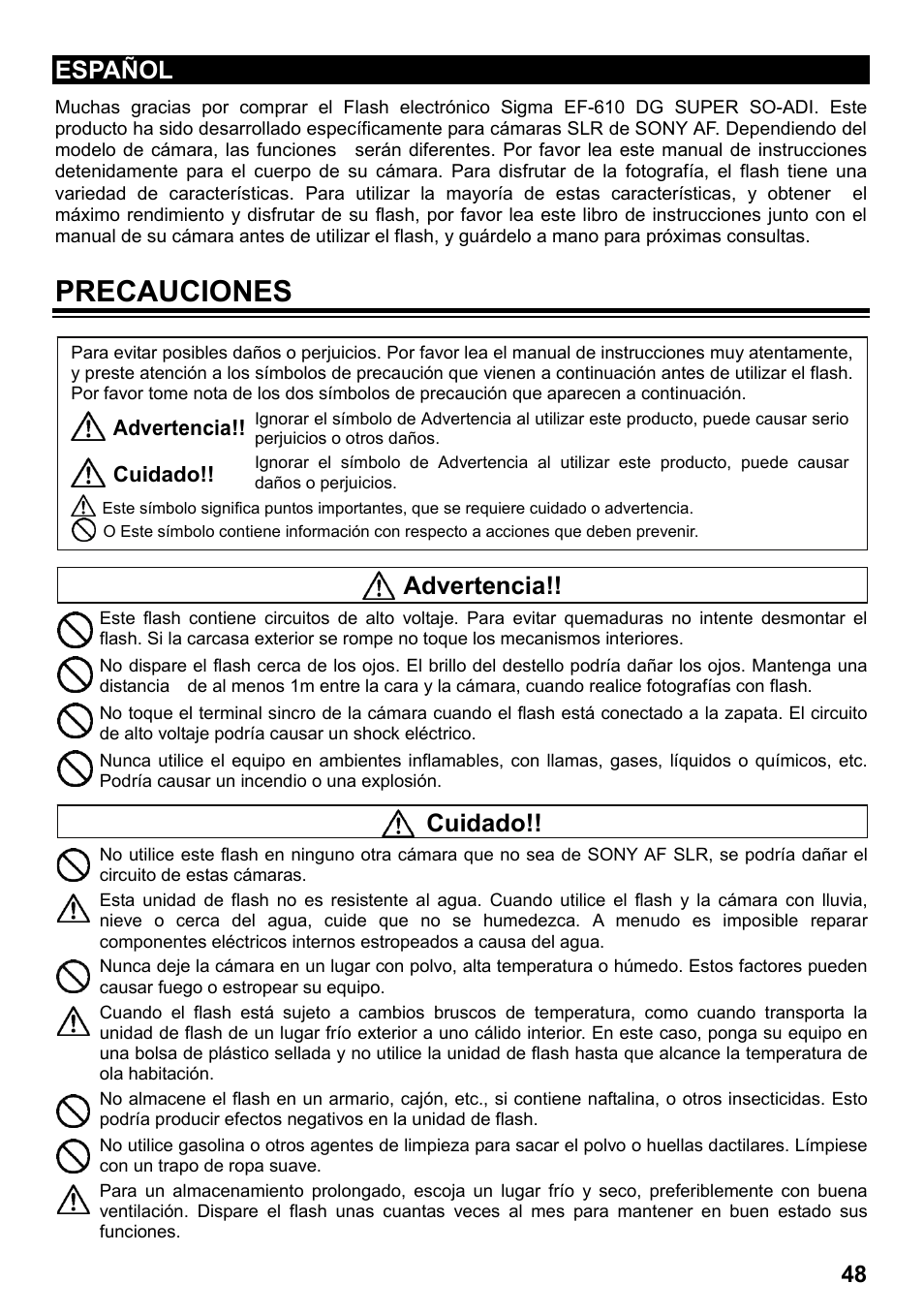 Precauciones, Español, Cuidado | Advertencia | SIGMA ELECTRONIC FLASH EF-610 DG SUPER SO-ADI (ソニー用) User Manual | Page 49 / 128
