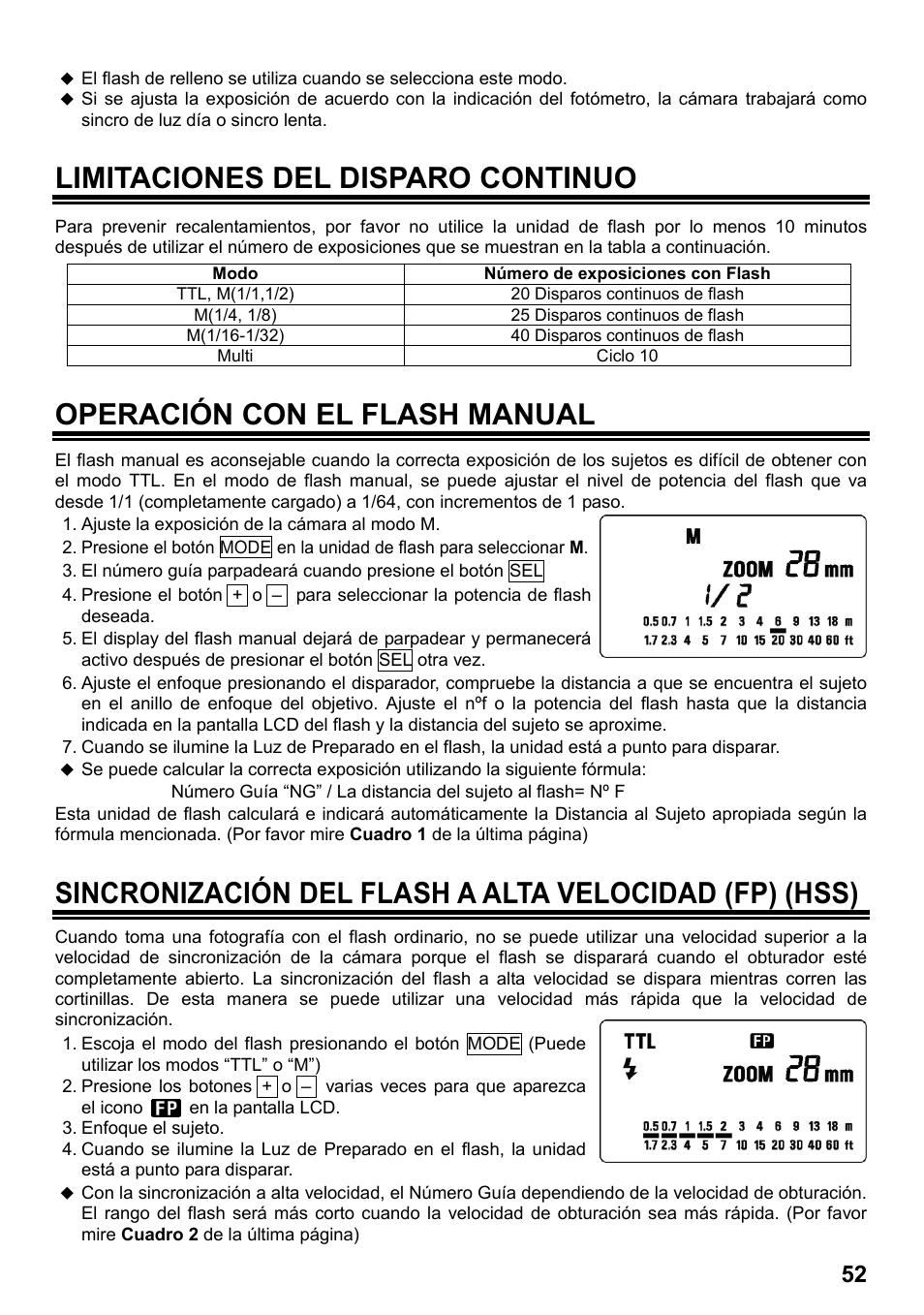 Limitaciones del disparo continuo, Operación con el flash manual | SIGMA ELECTRONIC FLASH EF-610 DG SUPER SO-ADI (ソニー用) User Manual | Page 53 / 128