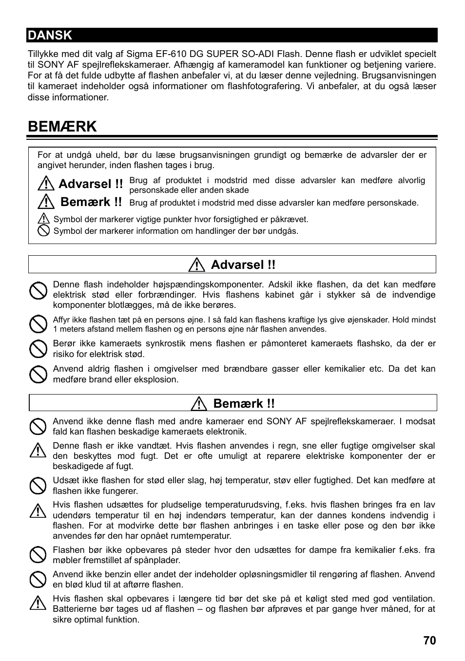 Bemærk, Dansk, Advarsel | SIGMA ELECTRONIC FLASH EF-610 DG SUPER SO-ADI (ソニー用) User Manual | Page 71 / 128