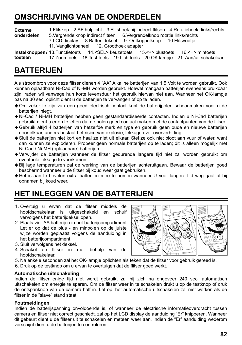 Omschrijving van de onderdelen, Batterijen, Het inleggen van de batterijen | SIGMA ELECTRONIC FLASH EF-610 DG SUPER SO-ADI (ソニー用) User Manual | Page 83 / 128