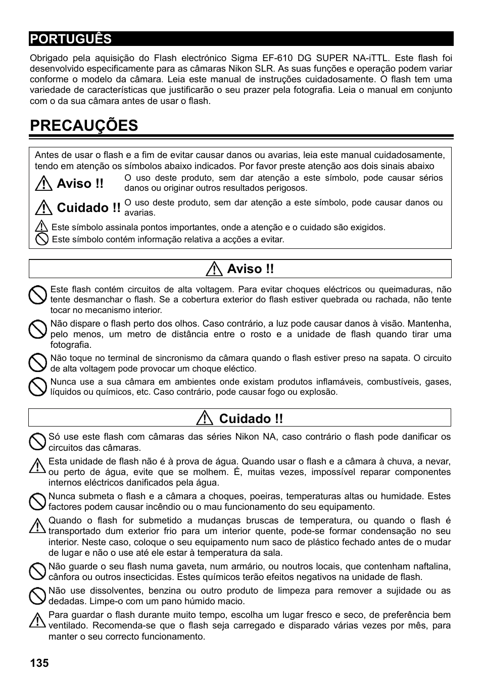 Precauções, Português, Aviso | Cuidado | SIGMA ELECTRONIC FLASH EF-610 DG SUPER NA-iTTL (ニコン用) User Manual | Page 136 / 150