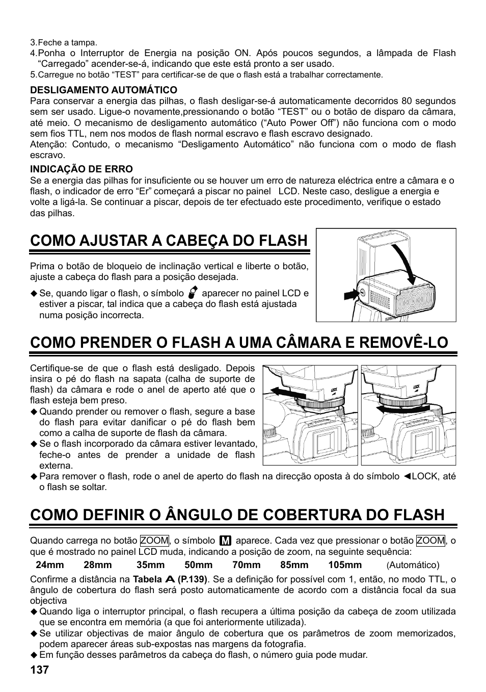 Como ajustar a cabeça do flash, Como prender o flash a uma câmara e removê-lo, Como definir o ângulo de cobertura do flash | SIGMA ELECTRONIC FLASH EF-610 DG SUPER NA-iTTL (ニコン用) User Manual | Page 138 / 150