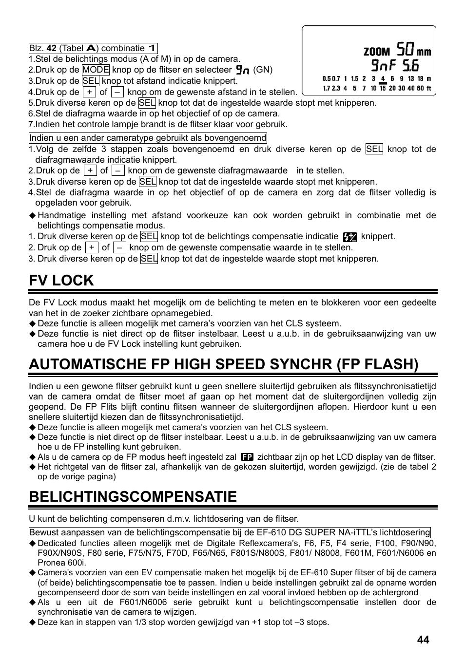 Fv lock, Automatische fp high speed synchr (fp flash), Belichtingscompensatie | SIGMA ELECTRONIC FLASH EF-610 DG SUPER NA-iTTL (ニコン用) User Manual | Page 45 / 150