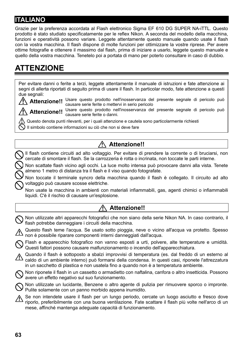 Attenzione, Italiano | SIGMA ELECTRONIC FLASH EF-610 DG SUPER NA-iTTL (ニコン用) User Manual | Page 64 / 150