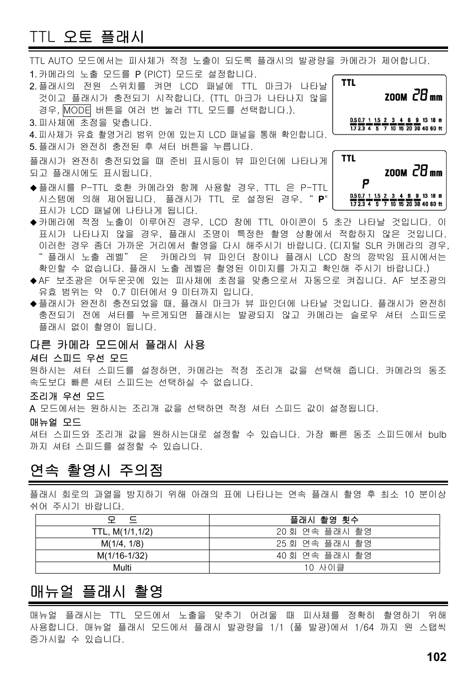 Ttl 오토 플래시, 연속 촬영시 주의점, 매뉴얼 플래시 촬영 | SIGMA ELECTRONIC FLASH EF-610 DG SUPER PA-PTTL (ペンタックス用) User Manual | Page 103 / 136
