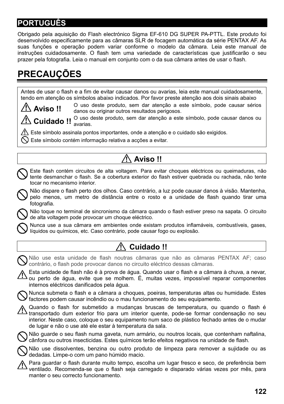 Precauções, Português, Aviso | Cuidado | SIGMA ELECTRONIC FLASH EF-610 DG SUPER PA-PTTL (ペンタックス用) User Manual | Page 123 / 136