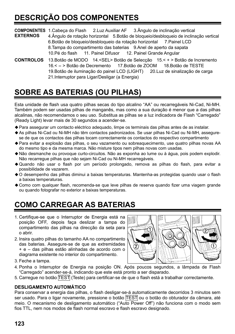 Descrição dos componentes, Sobre as baterias (ou pilhas), Como carregar as baterias | SIGMA ELECTRONIC FLASH EF-610 DG SUPER PA-PTTL (ペンタックス用) User Manual | Page 124 / 136
