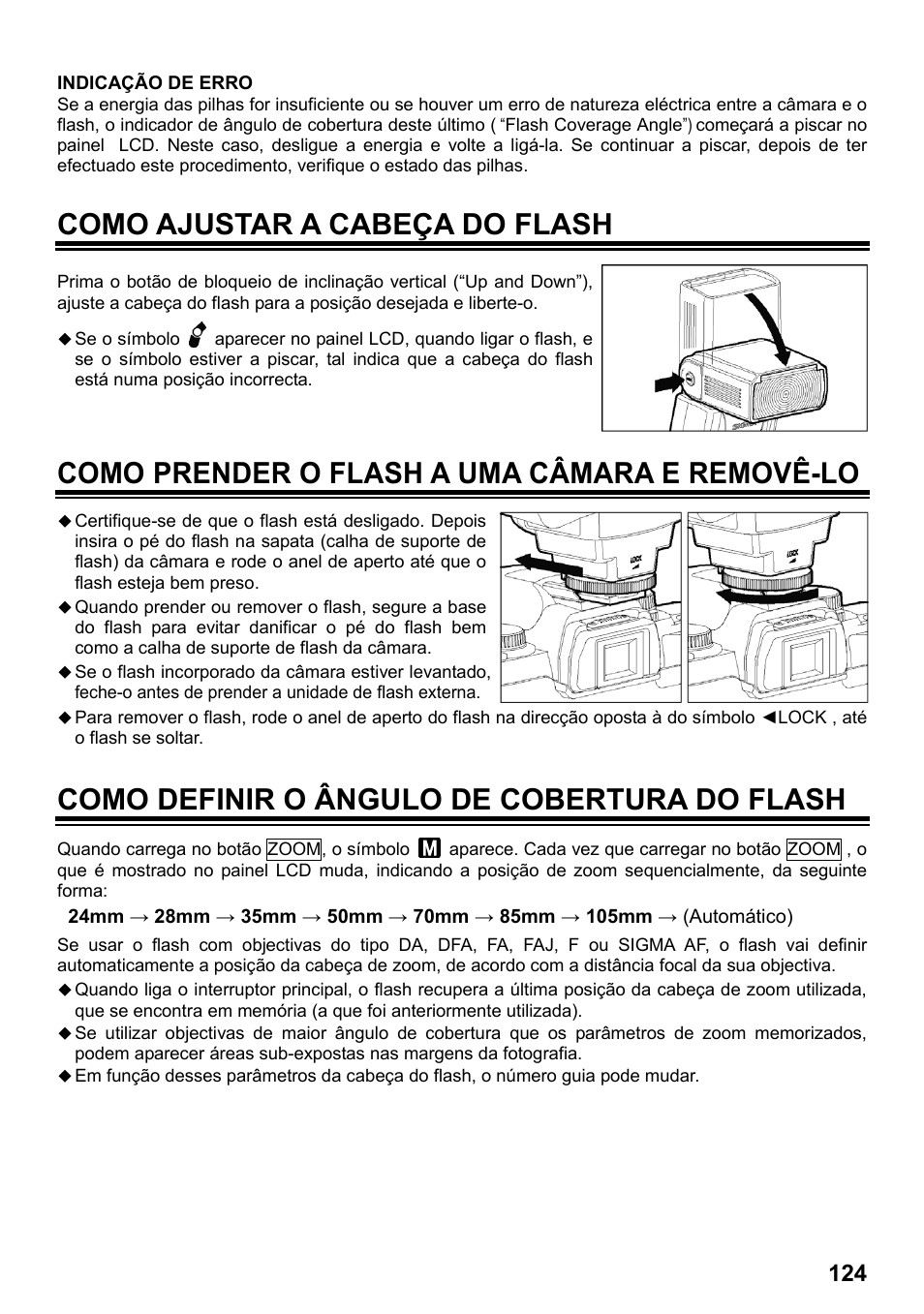 Como ajustar a cabeça do flash, Como prender o flash a uma câmara e removê-lo, Como definir o ângulo de cobertura do flash | SIGMA ELECTRONIC FLASH EF-610 DG SUPER PA-PTTL (ペンタックス用) User Manual | Page 125 / 136