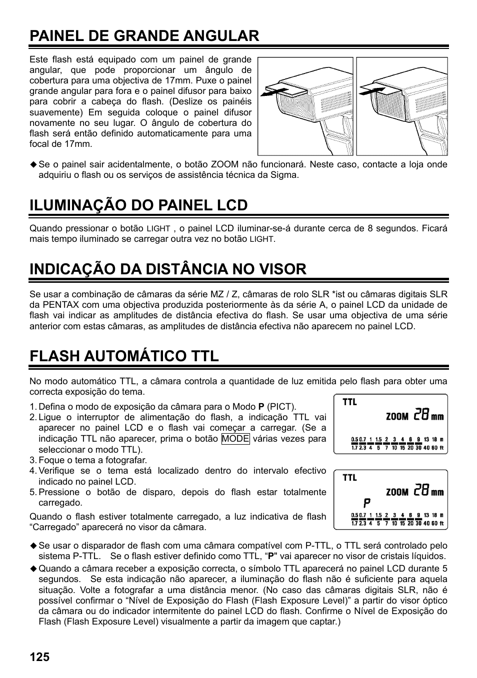 Painel de grande angular, Iluminação do painel lcd, Indicação da distância no visor | Flash automático ttl | SIGMA ELECTRONIC FLASH EF-610 DG SUPER PA-PTTL (ペンタックス用) User Manual | Page 126 / 136