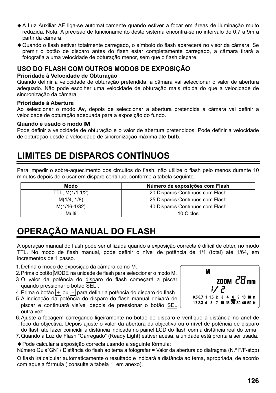 Limites de disparos contínuos, Operação manual do flash, Uso do flash com outros modos de exposição | SIGMA ELECTRONIC FLASH EF-610 DG SUPER PA-PTTL (ペンタックス用) User Manual | Page 127 / 136