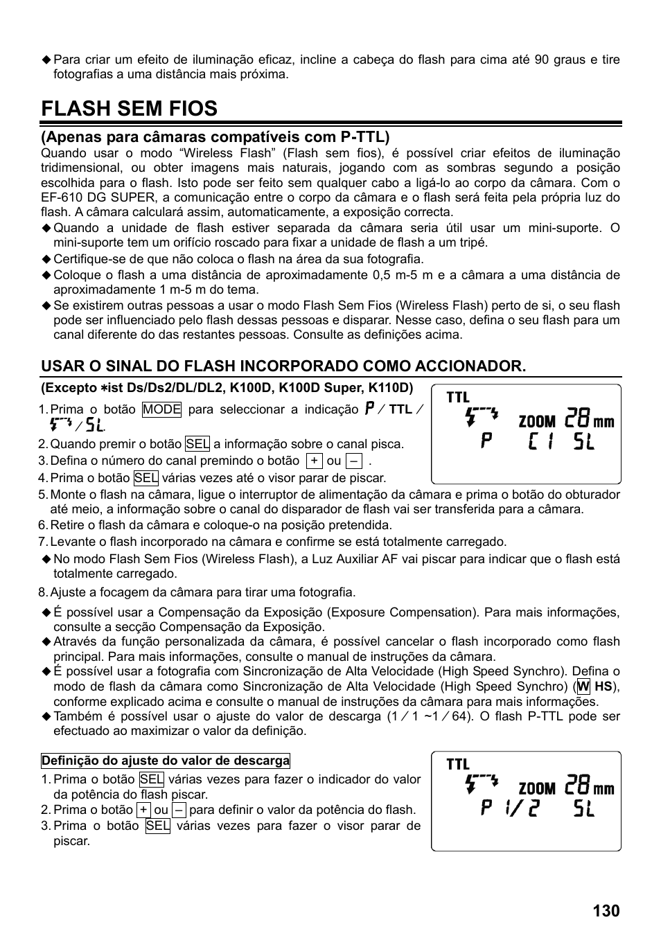 Flash sem fios, Apenas para câmaras compatíveis com p-ttl), Usar o sinal do flash incorporado como accionador | SIGMA ELECTRONIC FLASH EF-610 DG SUPER PA-PTTL (ペンタックス用) User Manual | Page 131 / 136