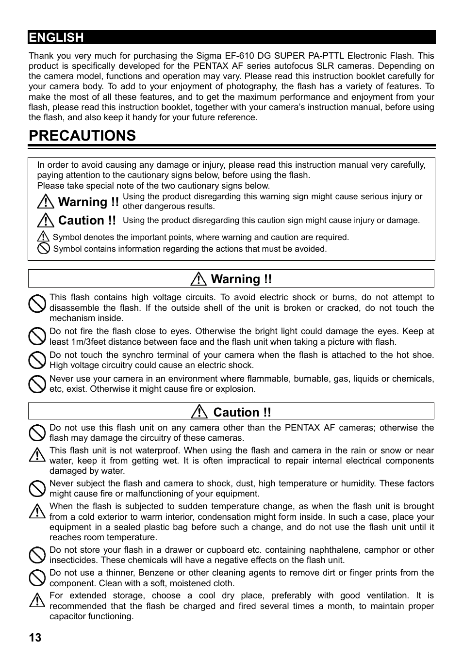 Precautions, English, Warning | Caution | SIGMA ELECTRONIC FLASH EF-610 DG SUPER PA-PTTL (ペンタックス用) User Manual | Page 14 / 136
