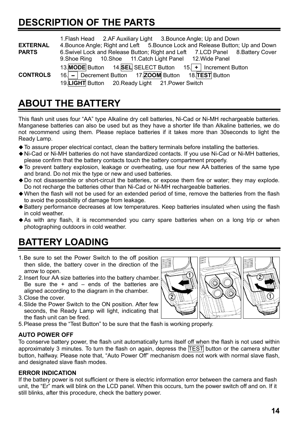 Description of the parts, About the battery, Battery loading | SIGMA ELECTRONIC FLASH EF-610 DG SUPER PA-PTTL (ペンタックス用) User Manual | Page 15 / 136