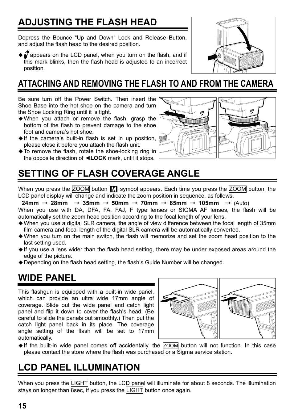 Adjusting the flash head, Setting of flash coverage angle, Wide panel | Lcd panel illumination | SIGMA ELECTRONIC FLASH EF-610 DG SUPER PA-PTTL (ペンタックス用) User Manual | Page 16 / 136