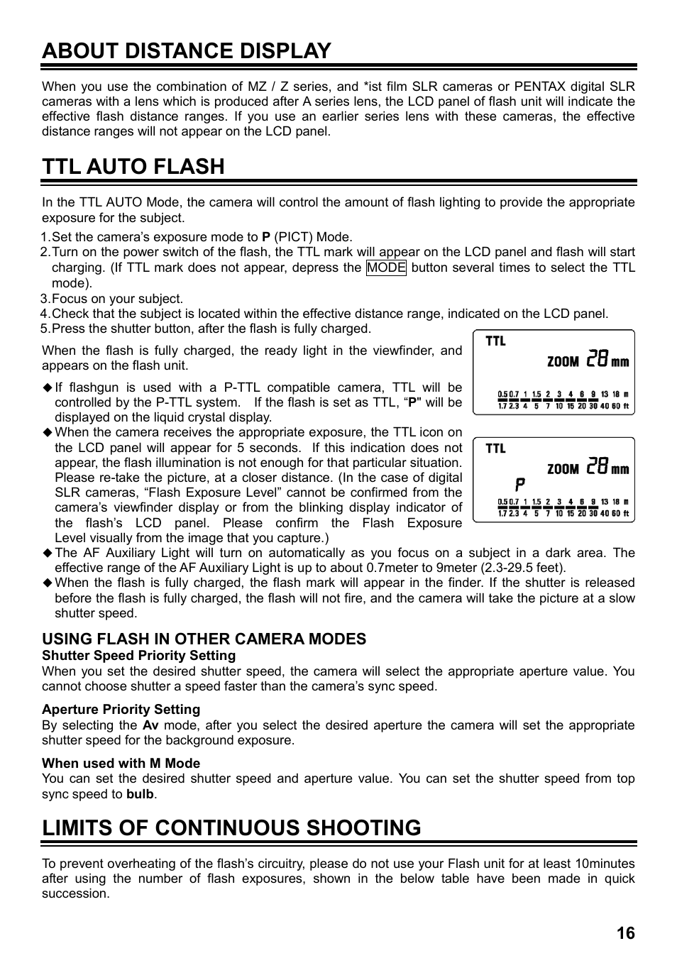 About distance display, Ttl auto flash, Limits of continuous shooting | SIGMA ELECTRONIC FLASH EF-610 DG SUPER PA-PTTL (ペンタックス用) User Manual | Page 17 / 136