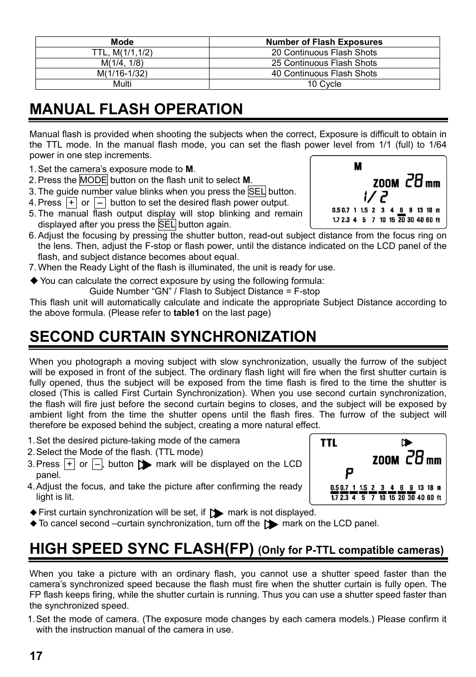 Manual flash operation, Second curtain synchronization, High speed sync flash(fp) | SIGMA ELECTRONIC FLASH EF-610 DG SUPER PA-PTTL (ペンタックス用) User Manual | Page 18 / 136
