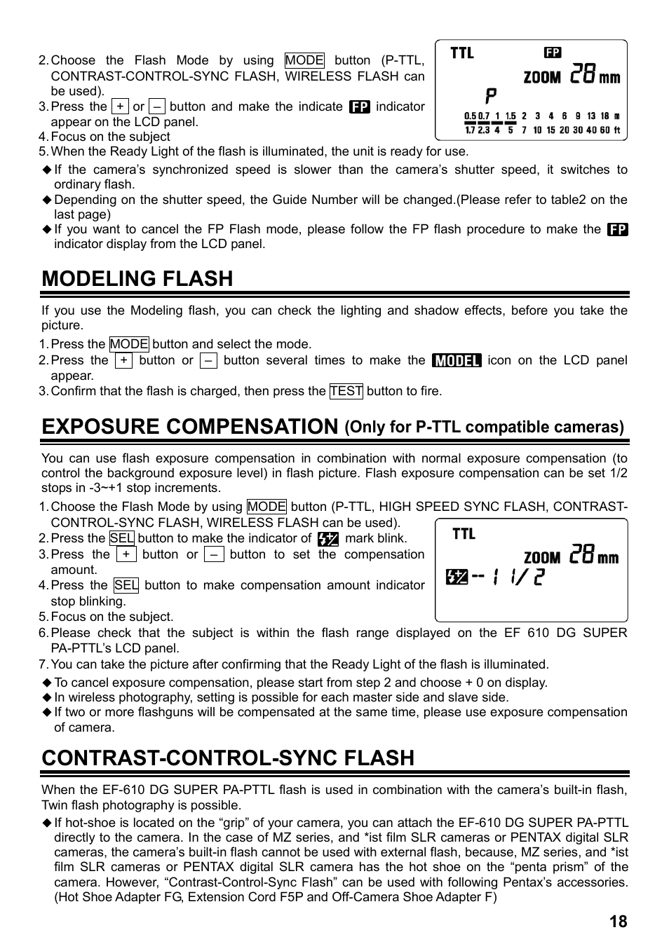 Modeling flash, Exposure compensation, Contrast-control-sync flash | Only for p-ttl compatible cameras) | SIGMA ELECTRONIC FLASH EF-610 DG SUPER PA-PTTL (ペンタックス用) User Manual | Page 19 / 136
